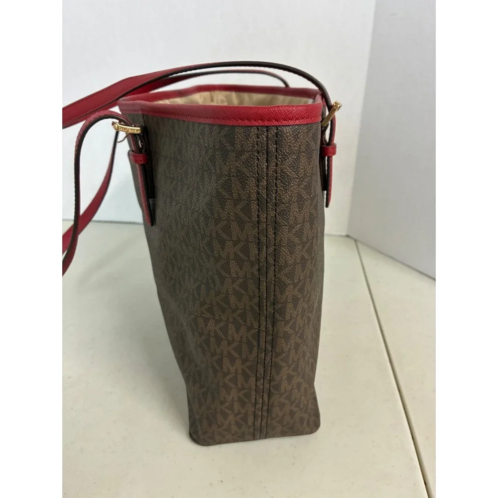 Michael Kors Brown Red Logo Tote Bag Gold‎ Hardware Saffiano Trim Large New